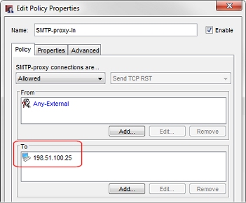 Captura de pantalla de la política Proxy SMTP Entrante
